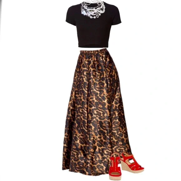 Boutique Satin Leopard Flowy A-Line Maxi Midi Skirt - Picture 12 of 16
